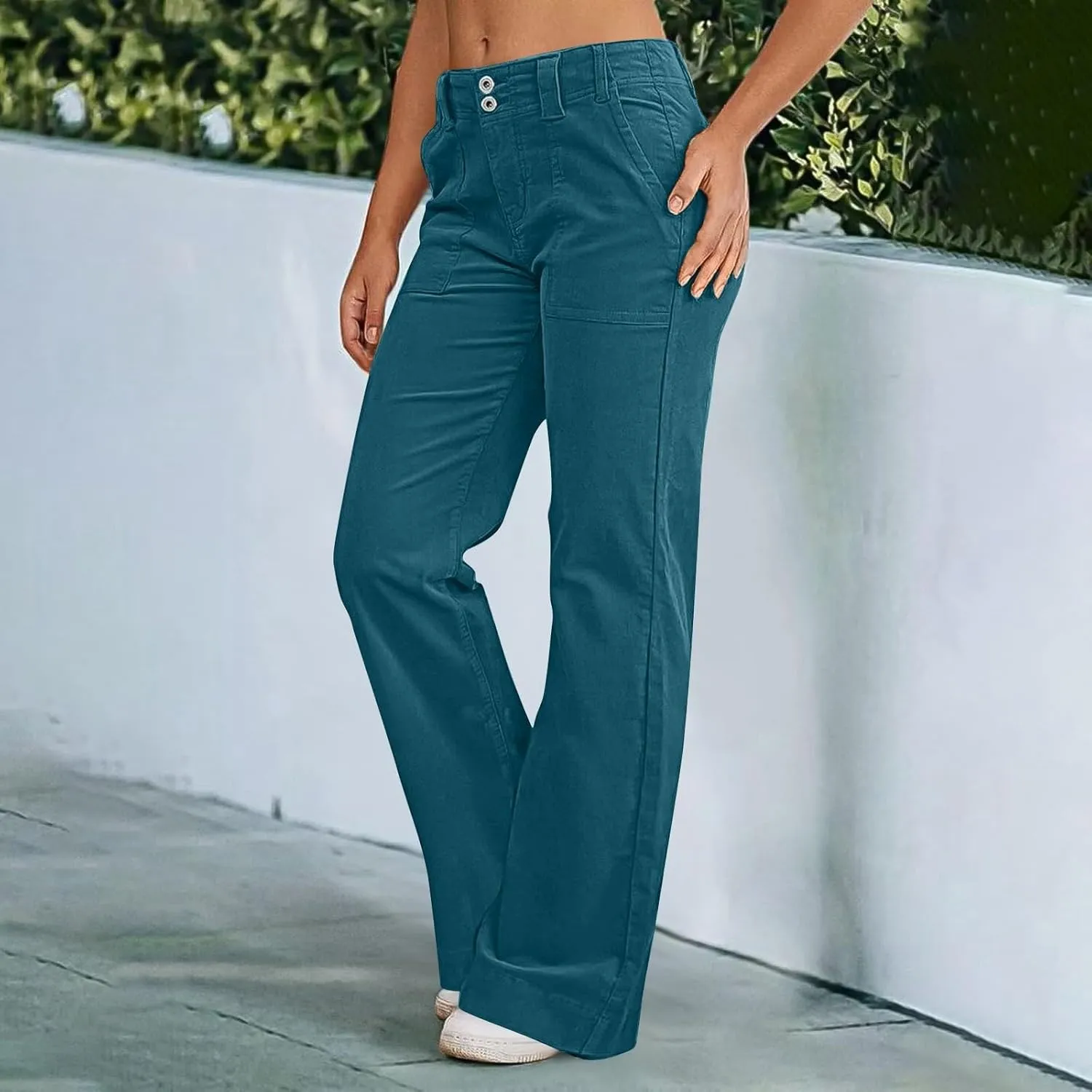 Casual Flare Pants for Women Classic Stretch Twill Pants High Waisted Chino Pants Comfy Wide Leg Pants with Pockets