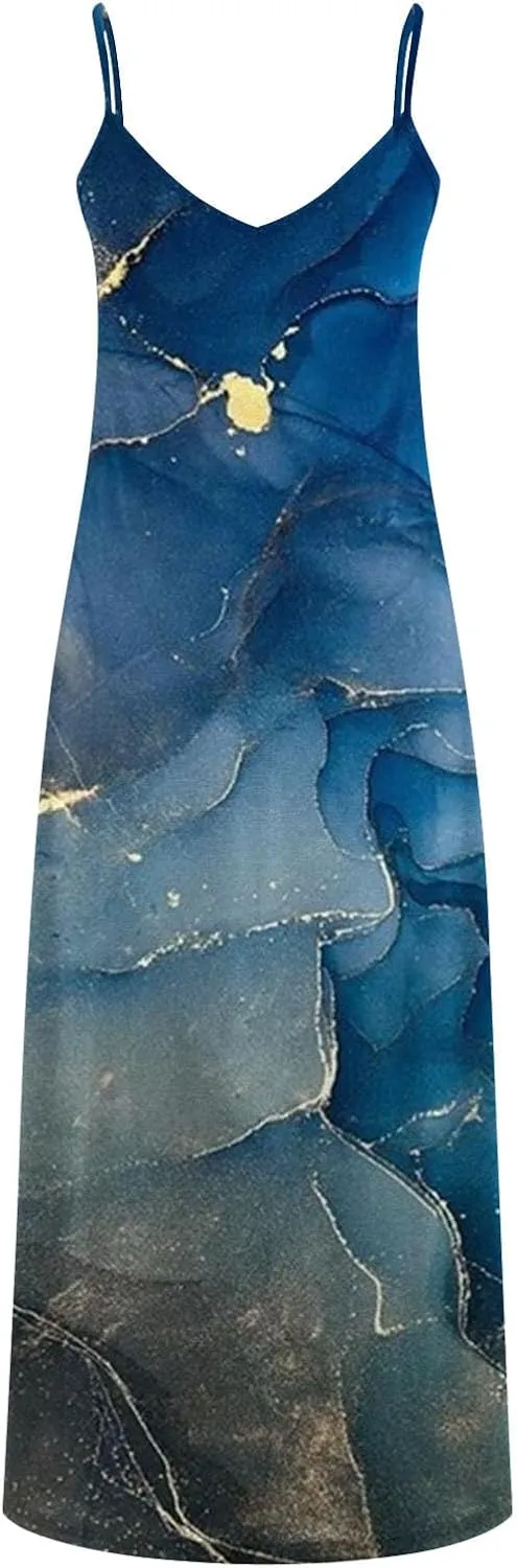 Ceboyel Maxi Sundresses for Women 2023 Marble Print Maxi Long Dress Spaghetti Strap Summer Dresses Trendy Beach Outfits