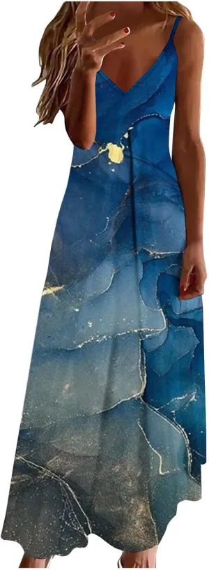 Ceboyel Maxi Sundresses for Women 2023 Marble Print Maxi Long Dress Spaghetti Strap Summer Dresses Trendy Beach Outfits