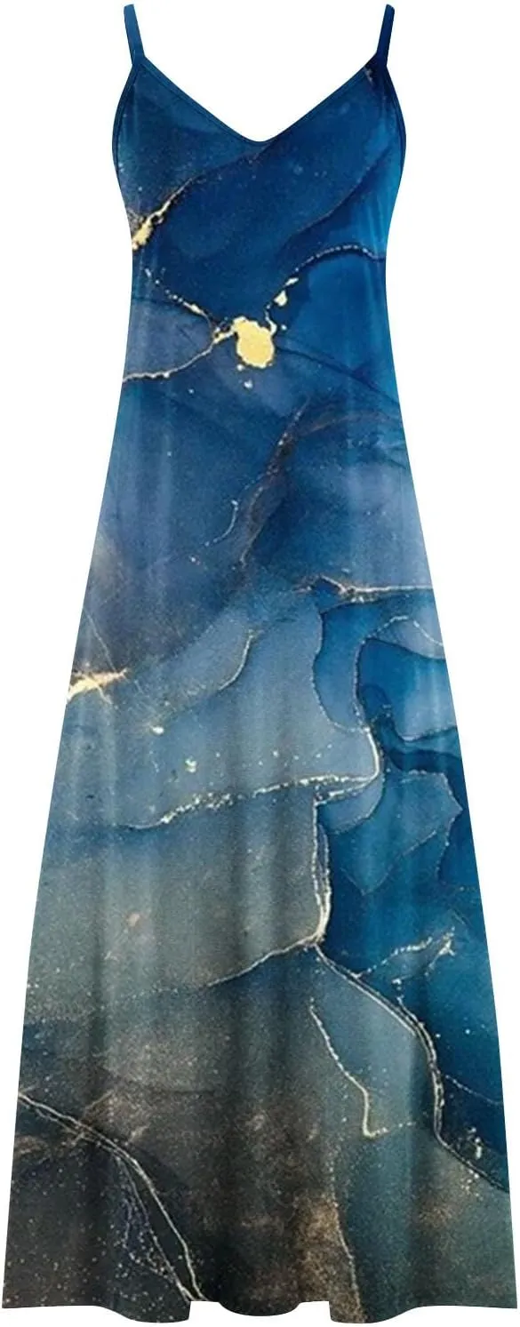 Ceboyel Maxi Sundresses for Women 2023 Marble Print Maxi Long Dress Spaghetti Strap Summer Dresses Trendy Beach Outfits
