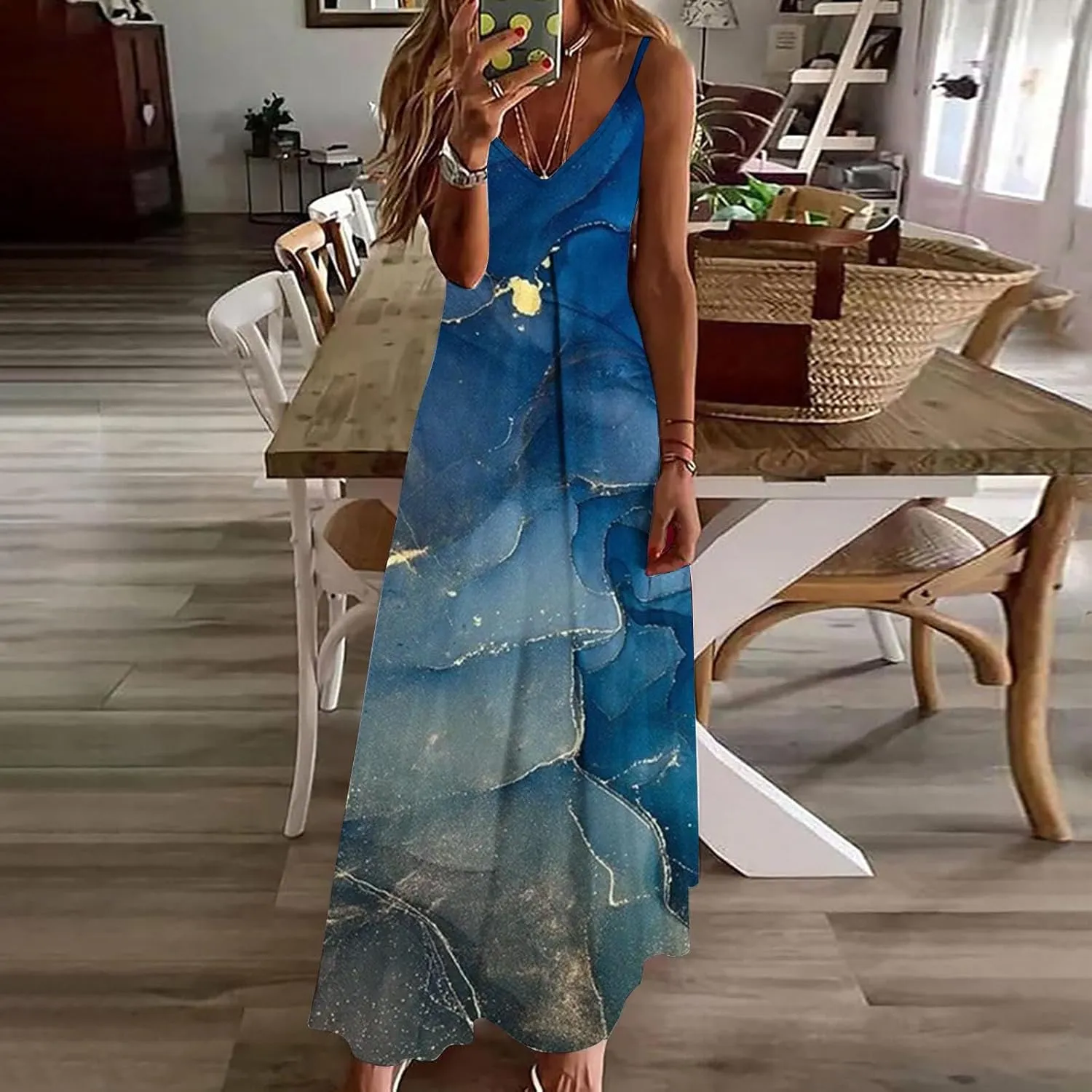 Ceboyel Maxi Sundresses for Women 2023 Marble Print Maxi Long Dress Spaghetti Strap Summer Dresses Trendy Beach Outfits