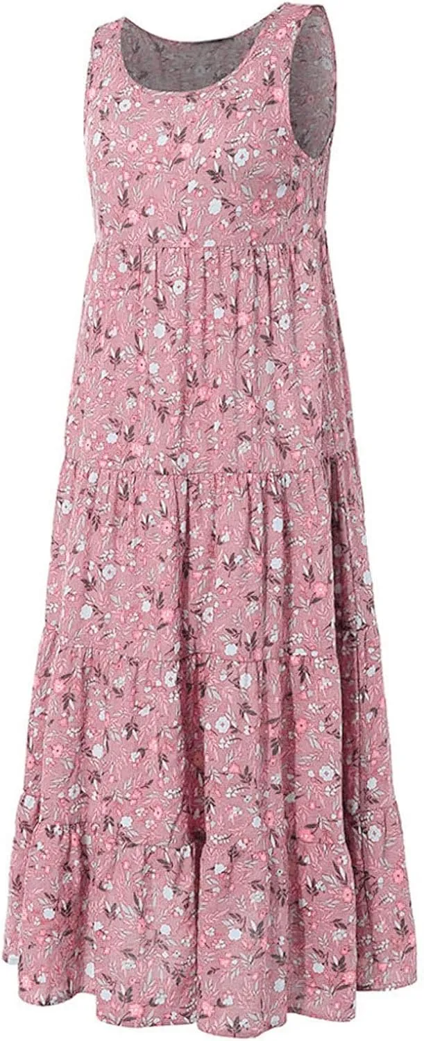 Ceboyel Women Boho Floral Maxi Dresses Flowy Tank Dress Sleeveless Smocked Sundresses Trendy Casual Beach Long Sun Dress