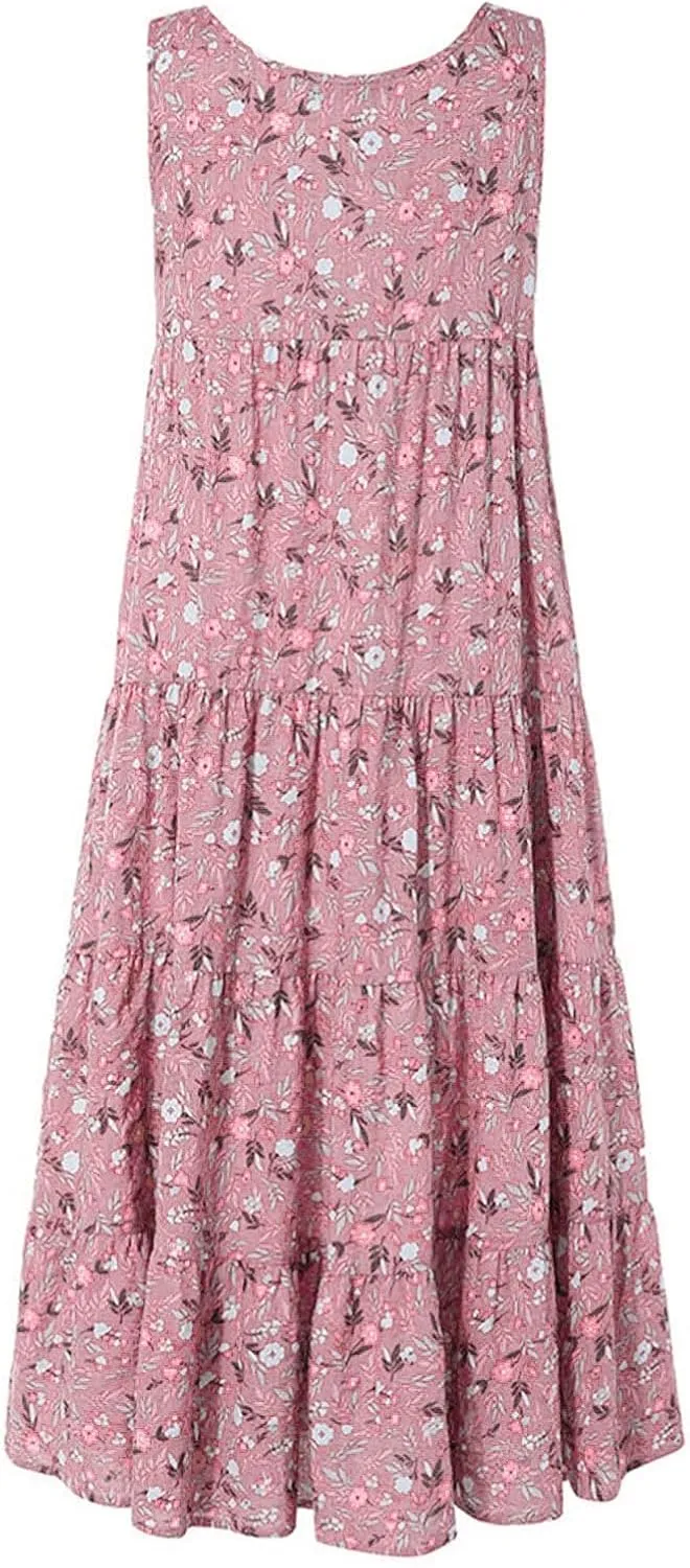Ceboyel Women Boho Floral Maxi Dresses Flowy Tank Dress Sleeveless Smocked Sundresses Trendy Casual Beach Long Sun Dress