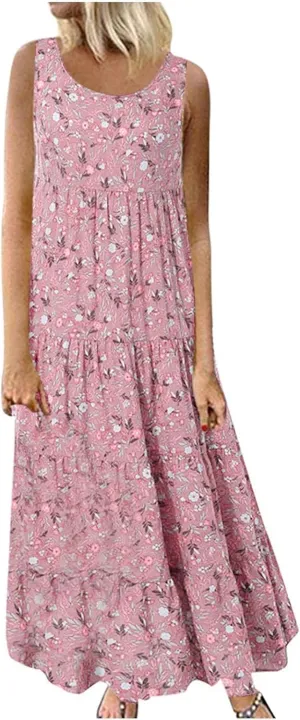 Ceboyel Women Boho Floral Maxi Dresses Flowy Tank Dress Sleeveless Smocked Sundresses Trendy Casual Beach Long Sun Dress