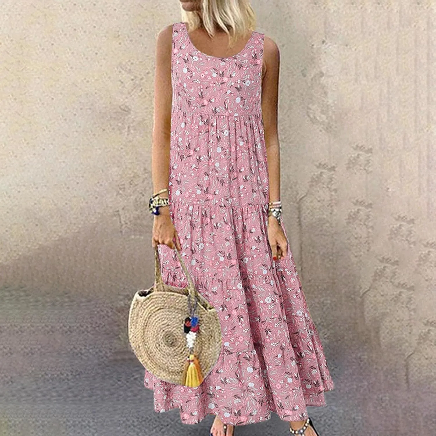 Ceboyel Women Boho Floral Maxi Dresses Flowy Tank Dress Sleeveless Smocked Sundresses Trendy Casual Beach Long Sun Dress