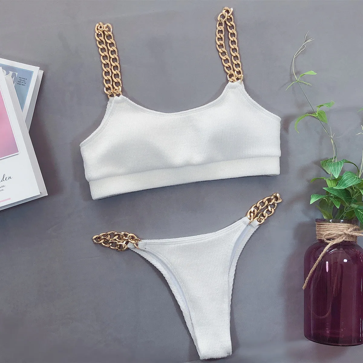 Chain Padded Low Rise Thong Bottom Bikinis