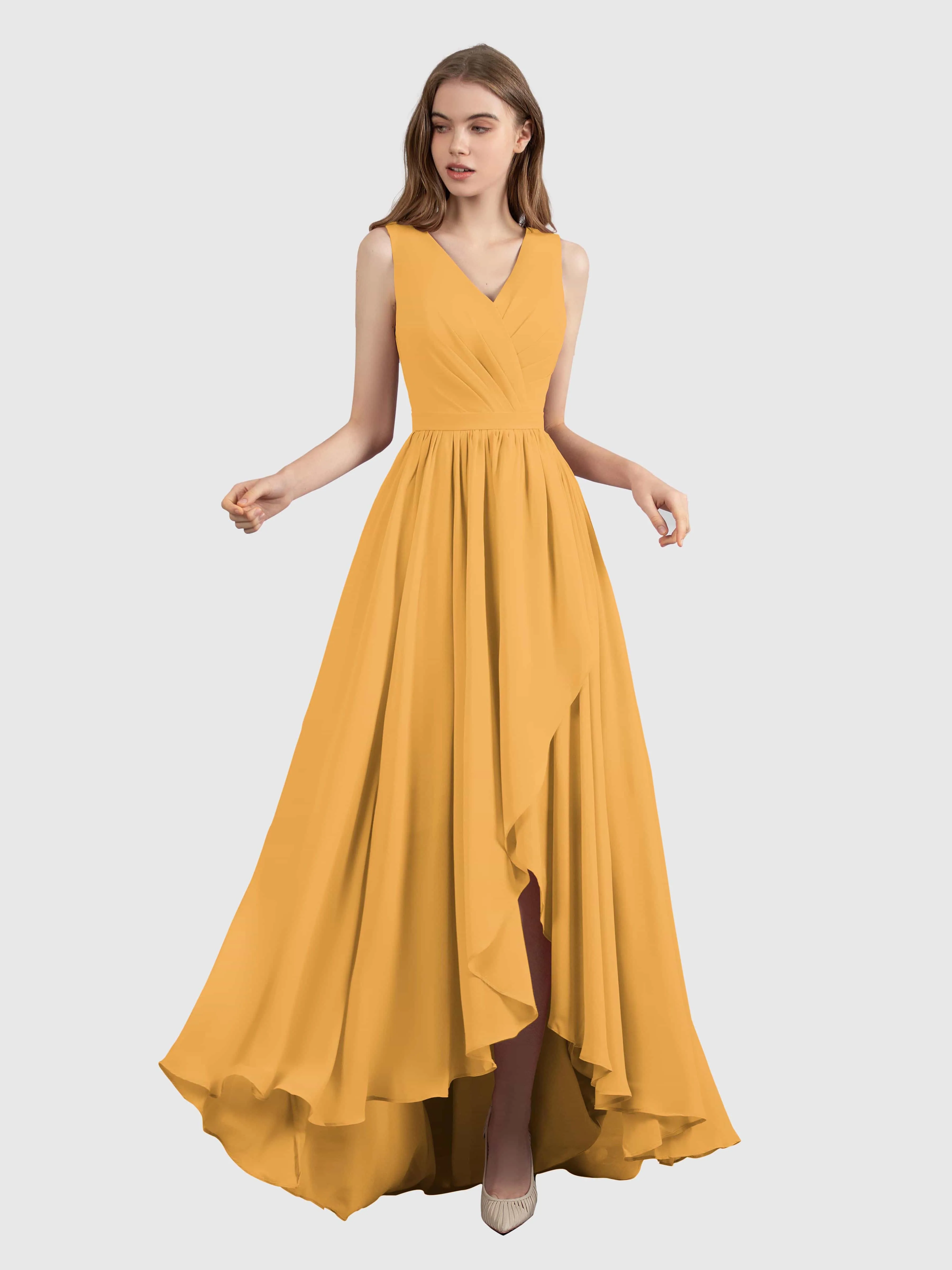 Charlotte V-Neck High Low Bridesmaid Dresses with Pockets