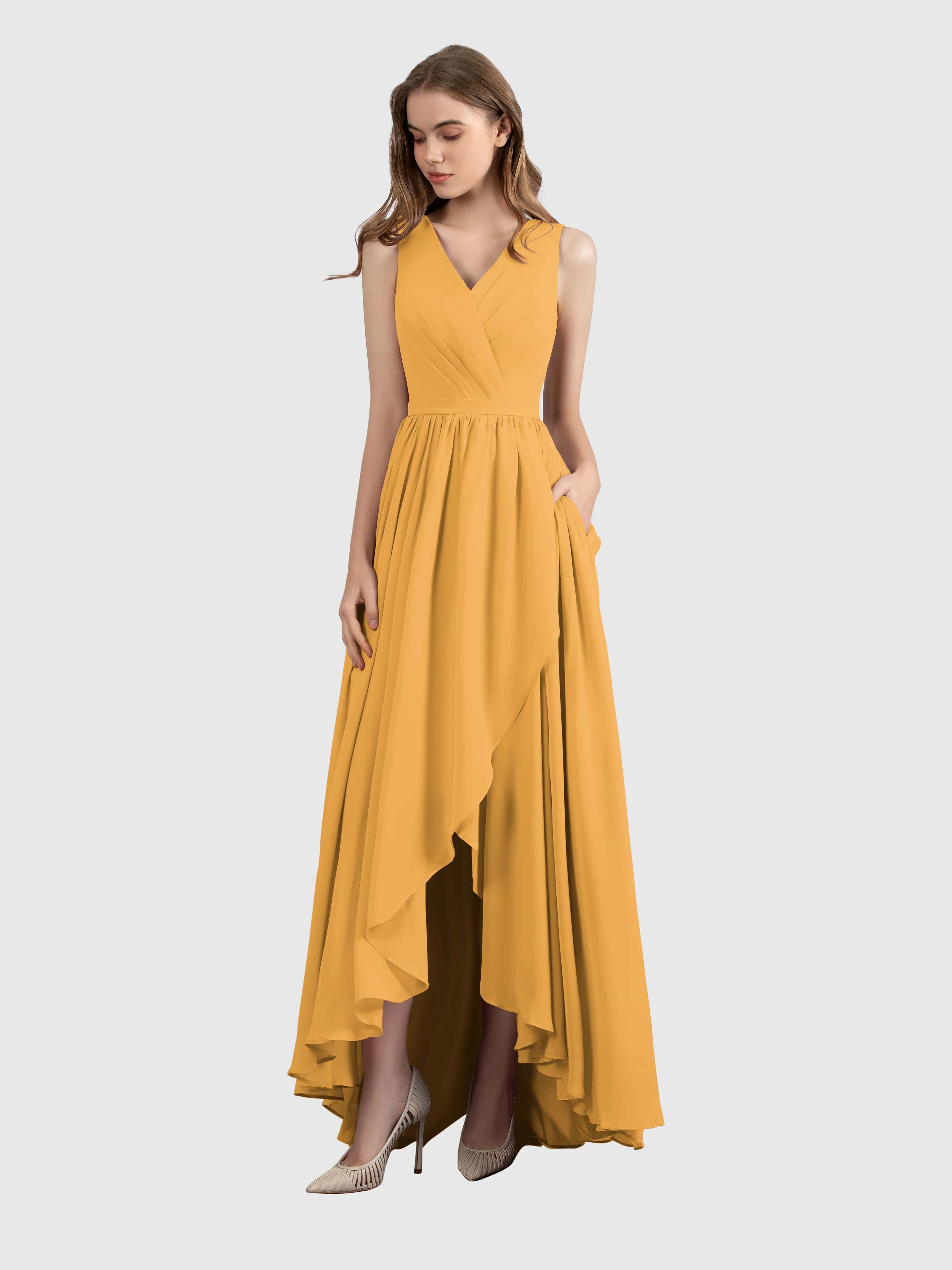 Charlotte V-Neck High Low Bridesmaid Dresses with Pockets