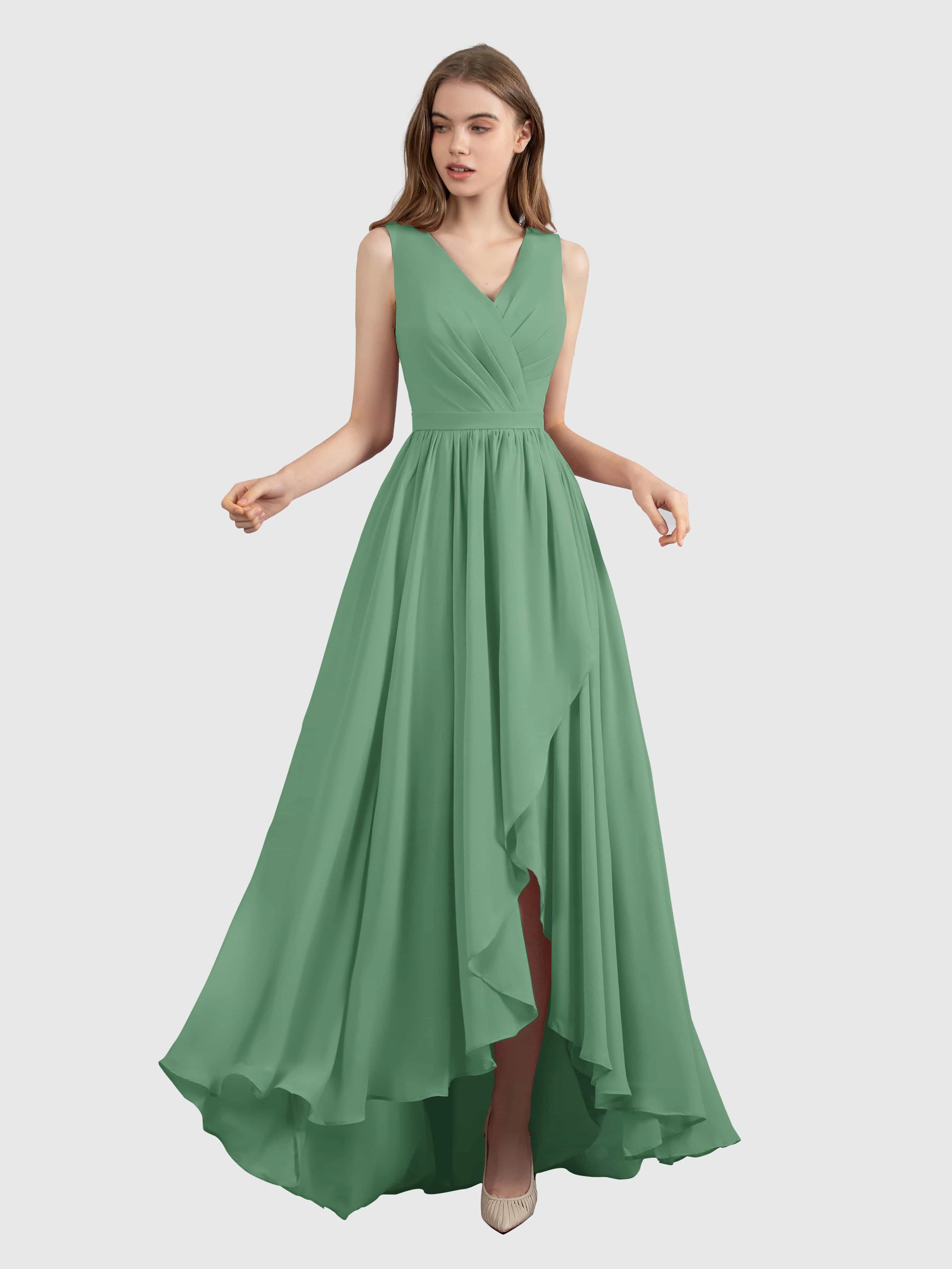 Charlotte V-Neck High Low Bridesmaid Dresses with Pockets
