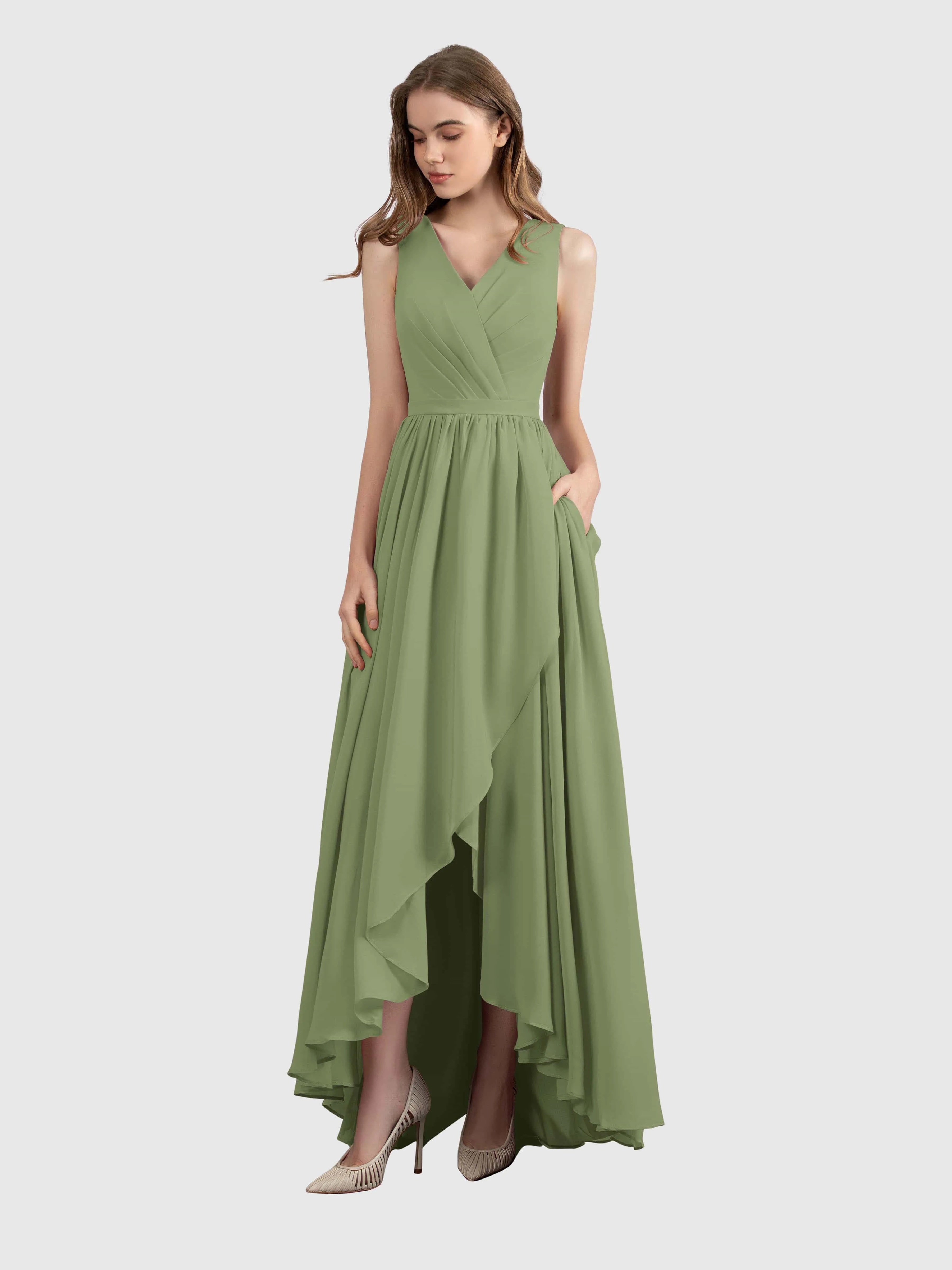 Charlotte V-Neck High Low Bridesmaid Dresses with Pockets