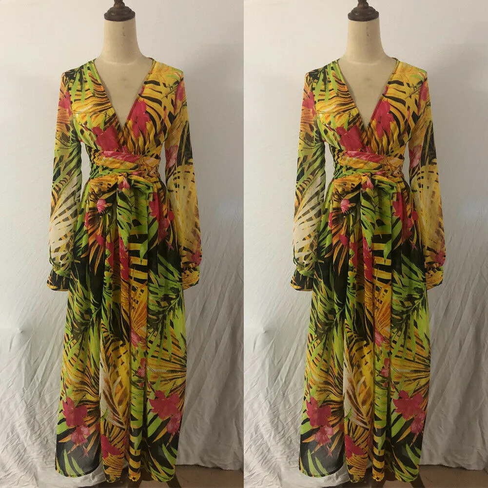 Charming 2023 Women's Floral Printed Boho Vintage Maxi Dress with Long Sleeves and V-Neck"