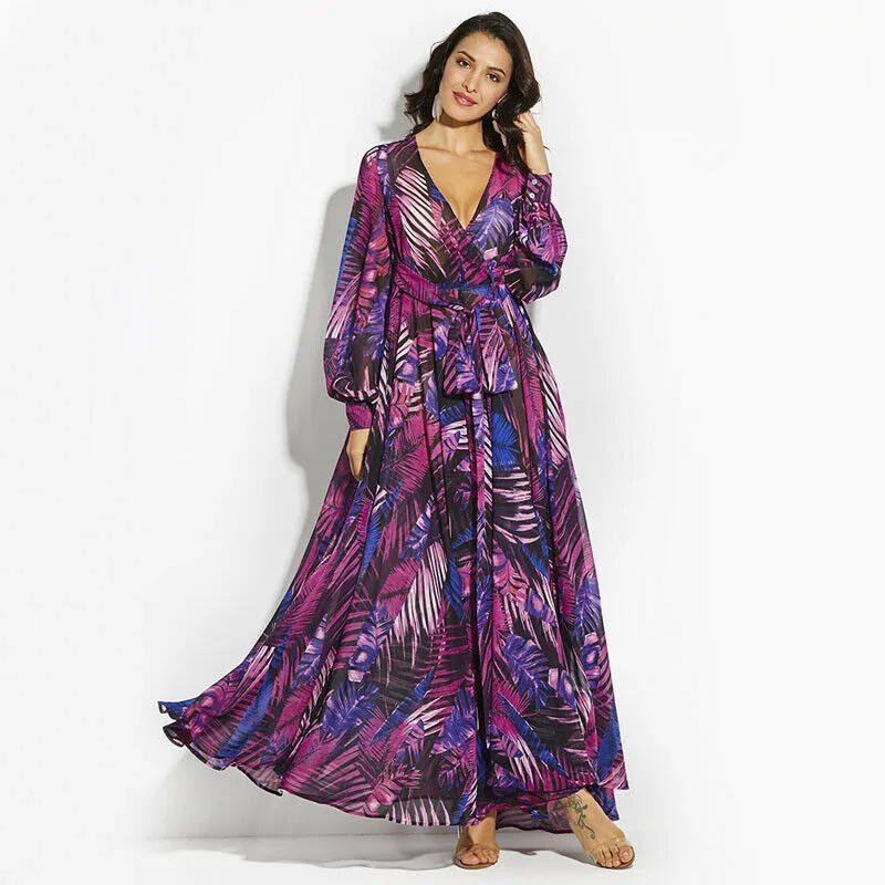 Charming 2023 Women's Floral Printed Boho Vintage Maxi Dress with Long Sleeves and V-Neck"