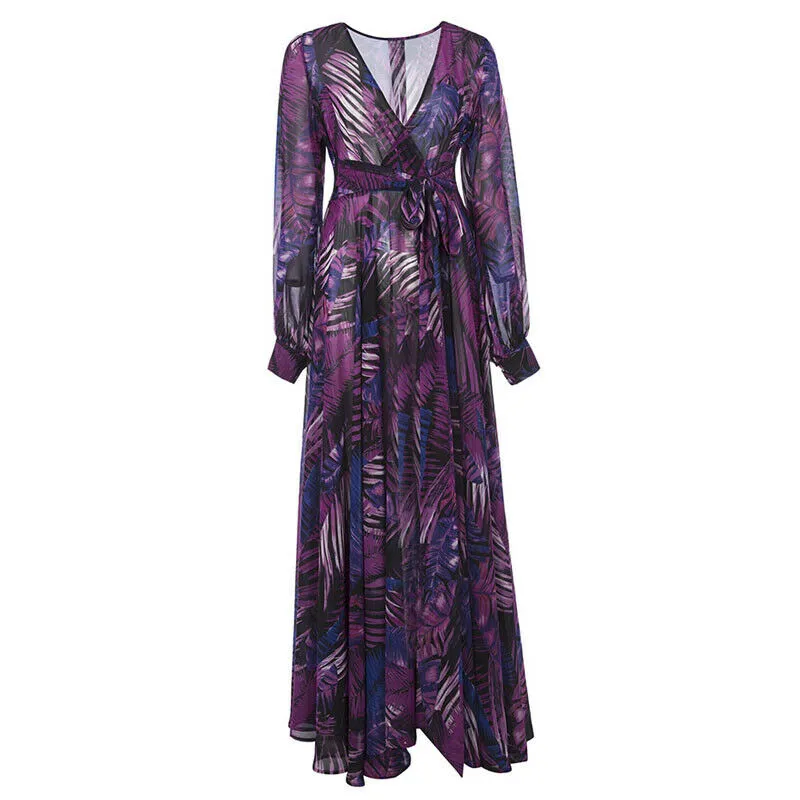 Charming 2023 Women's Floral Printed Boho Vintage Maxi Dress with Long Sleeves and V-Neck"