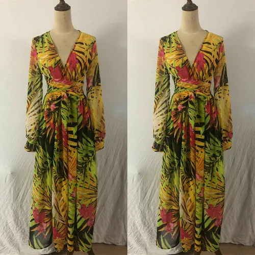 Charming 2023 Women's Floral Printed Boho Vintage Maxi Dress with Long Sleeves and V-Neck"