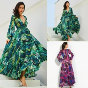 Charming 2023 Women's Floral Printed Boho Vintage Maxi Dress with Long Sleeves and V-Neck"