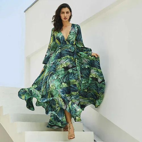 Charming 2023 Women's Floral Printed Boho Vintage Maxi Dress with Long Sleeves and V-Neck"