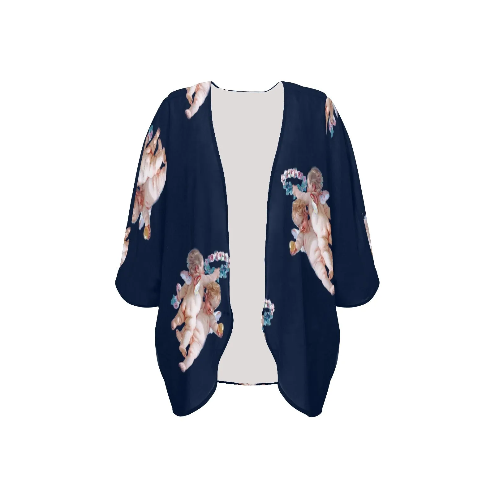 cheribum navy blue print 5 Women's Kimono Chiffon Cover Up (Model H51)