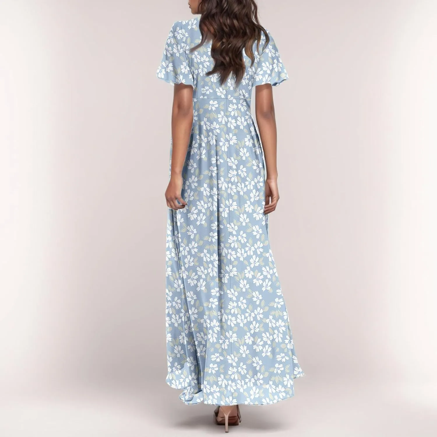 Chiffon Dresses for Women Flutter Sleeve Summer Boho Floral Maxi Dresses Gauze Flowy Garden Wedding Guest Long Dress