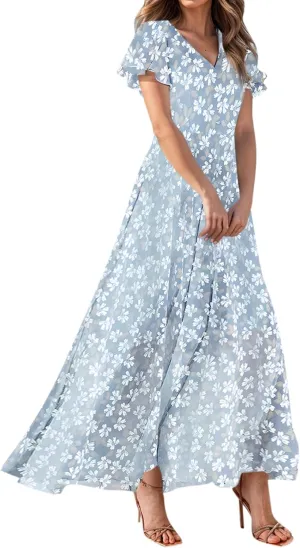 Chiffon Dresses for Women Flutter Sleeve Summer Boho Floral Maxi Dresses Gauze Flowy Garden Wedding Guest Long Dress