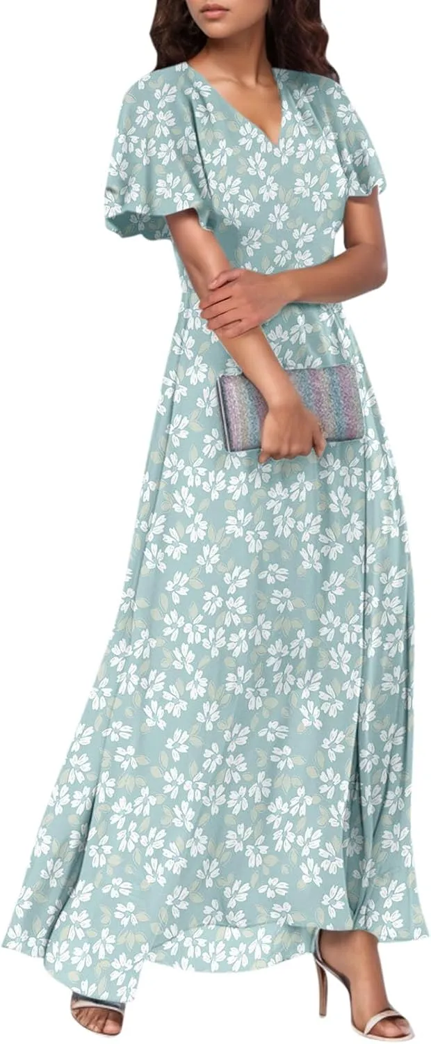 Chiffon Dresses for Women Flutter Sleeve Summer Boho Floral Maxi Dresses Gauze Flowy Garden Wedding Guest Long Dress