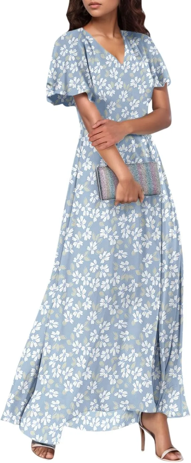 Chiffon Dresses for Women Flutter Sleeve Summer Boho Floral Maxi Dresses Gauze Flowy Garden Wedding Guest Long Dress