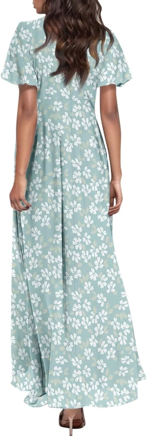 Chiffon Dresses for Women Flutter Sleeve Summer Boho Floral Maxi Dresses Gauze Flowy Garden Wedding Guest Long Dress