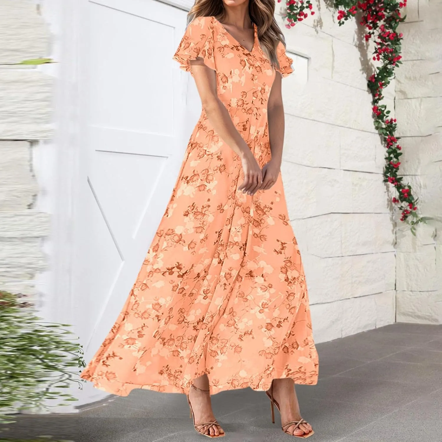 Chiffon Dresses for Women Flutter Sleeve Summer Boho Floral Maxi Dresses Gauze Flowy Garden Wedding Guest Long Dress