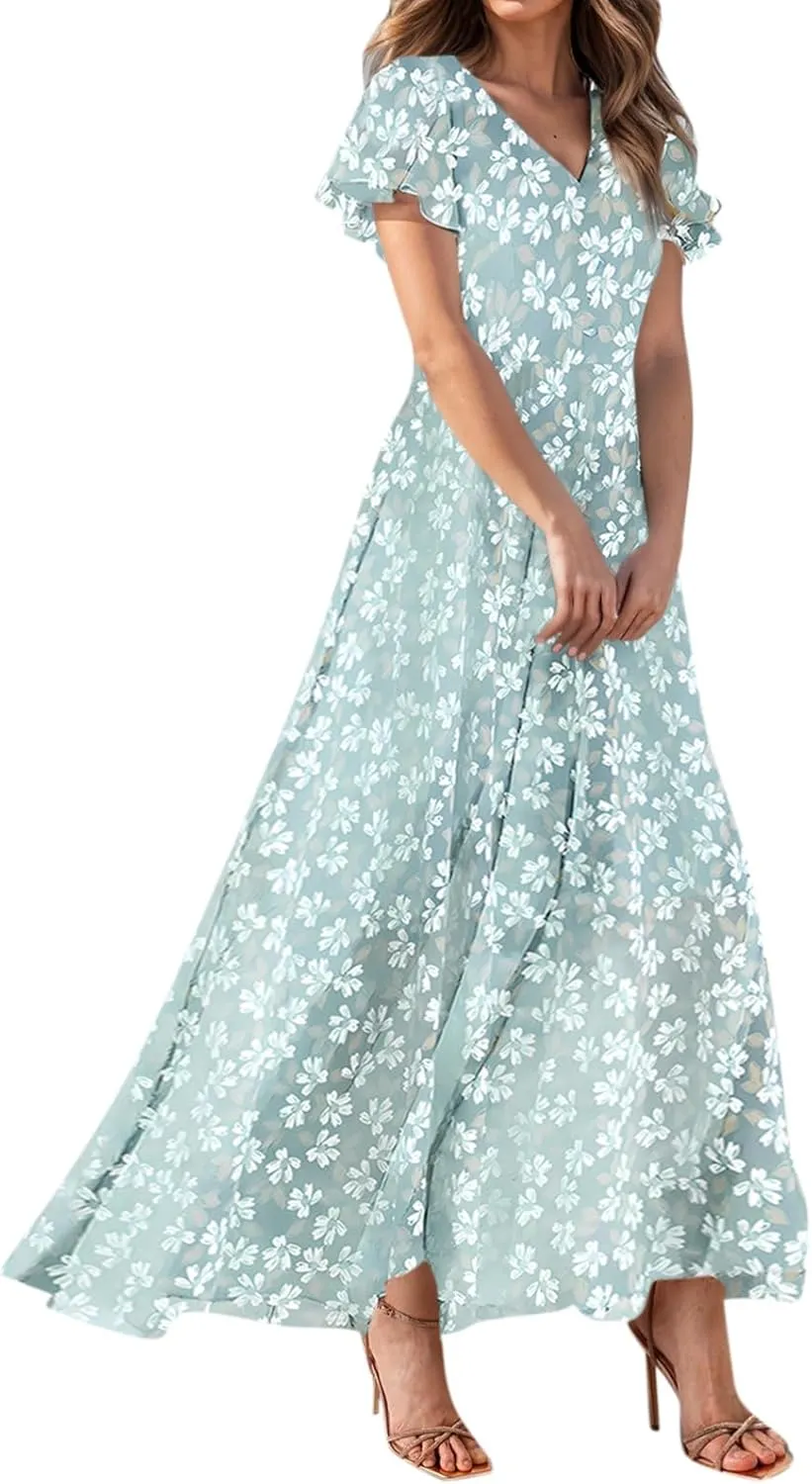 Chiffon Dresses for Women Flutter Sleeve Summer Boho Floral Maxi Dresses Gauze Flowy Garden Wedding Guest Long Dress