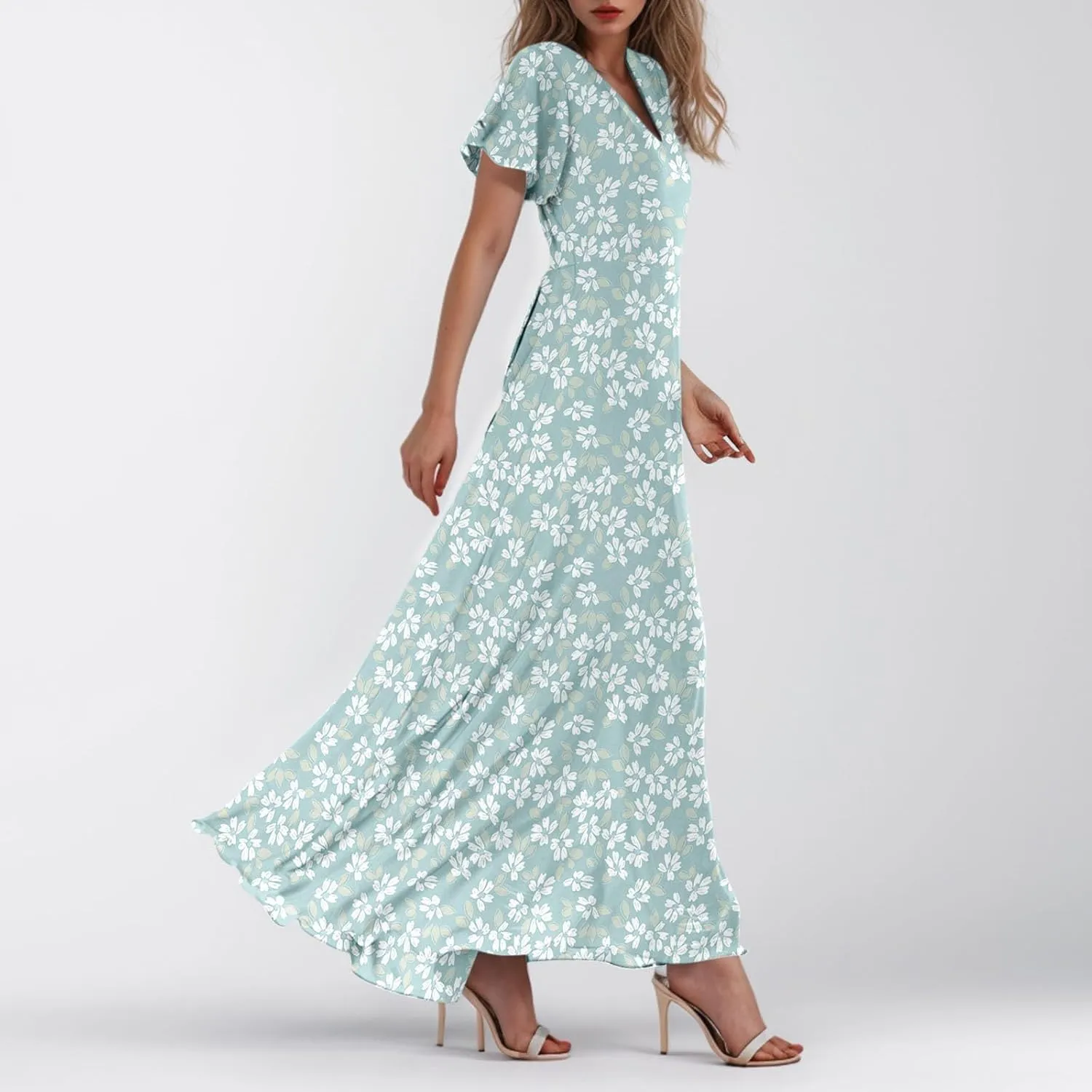 Chiffon Dresses for Women Flutter Sleeve Summer Boho Floral Maxi Dresses Gauze Flowy Garden Wedding Guest Long Dress