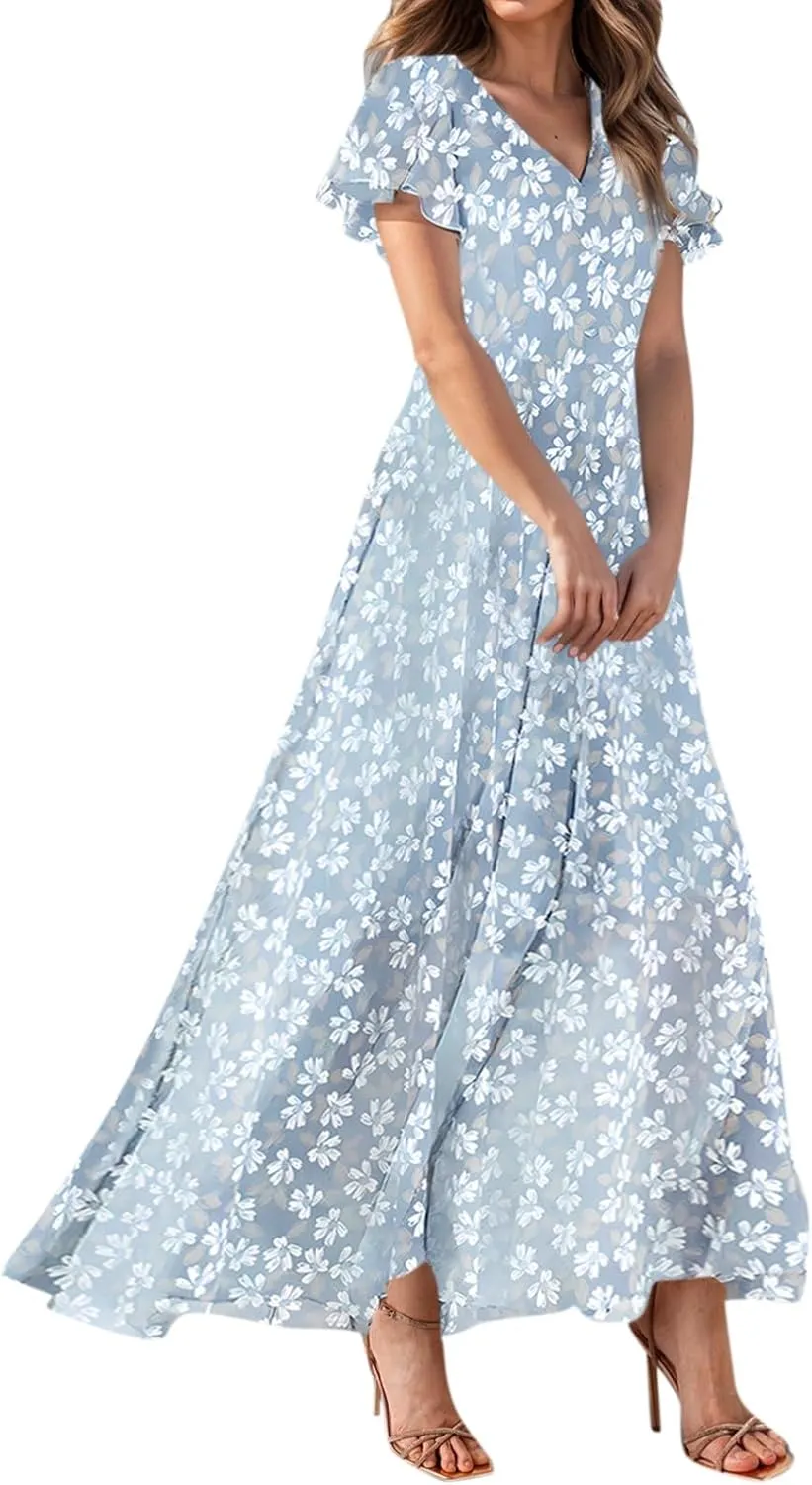 Chiffon Dresses for Women Flutter Sleeve Summer Boho Floral Maxi Dresses Gauze Flowy Garden Wedding Guest Long Dress