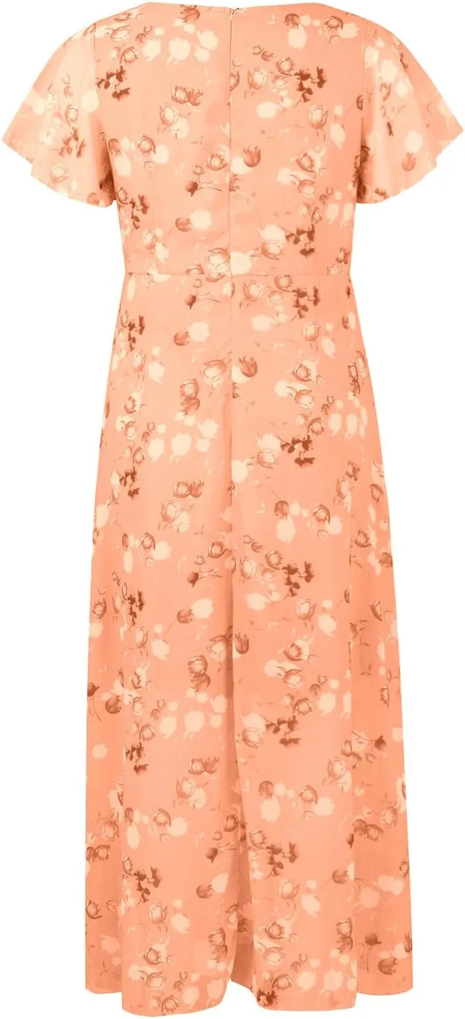 Chiffon Dresses for Women Flutter Sleeve Summer Boho Floral Maxi Dresses Gauze Flowy Garden Wedding Guest Long Dress