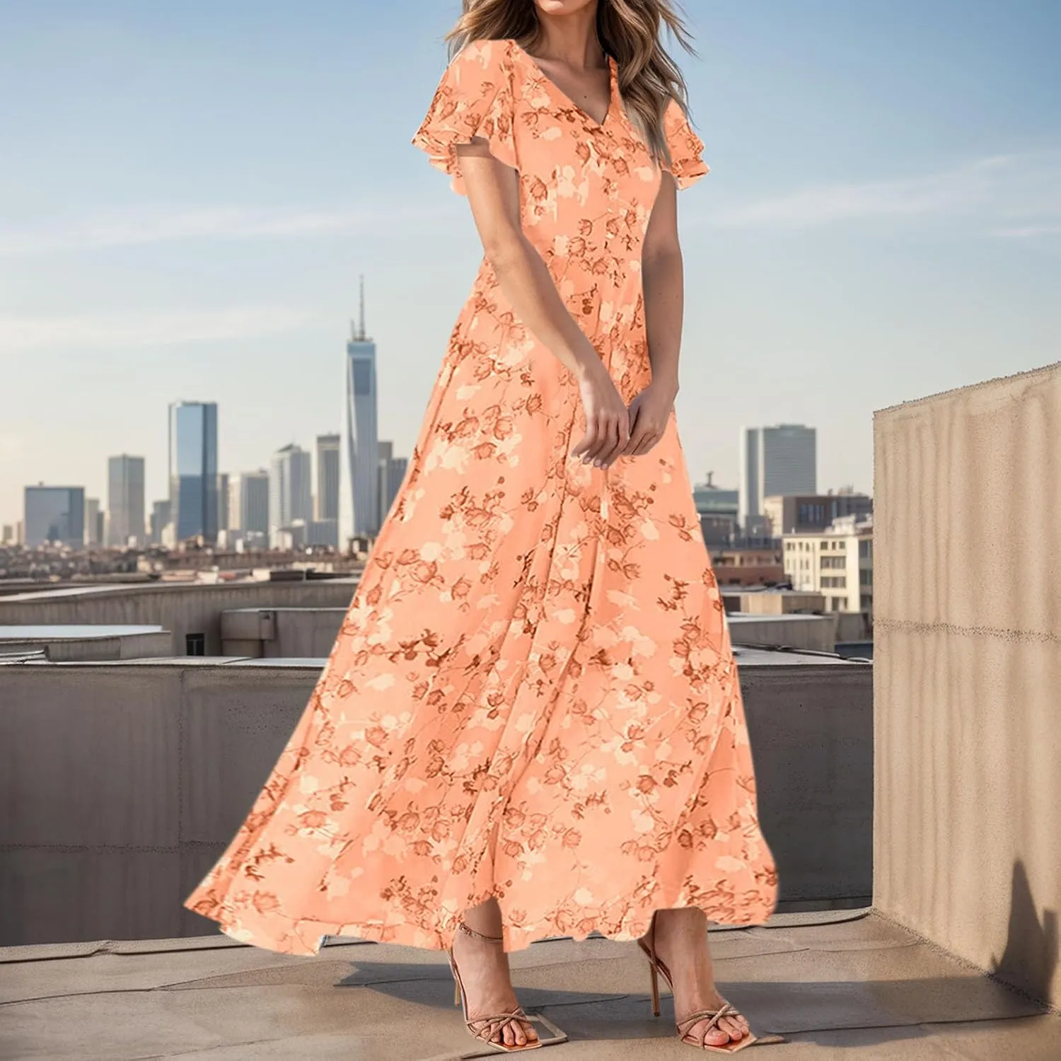 Chiffon Dresses for Women Flutter Sleeve Summer Boho Floral Maxi Dresses Gauze Flowy Garden Wedding Guest Long Dress