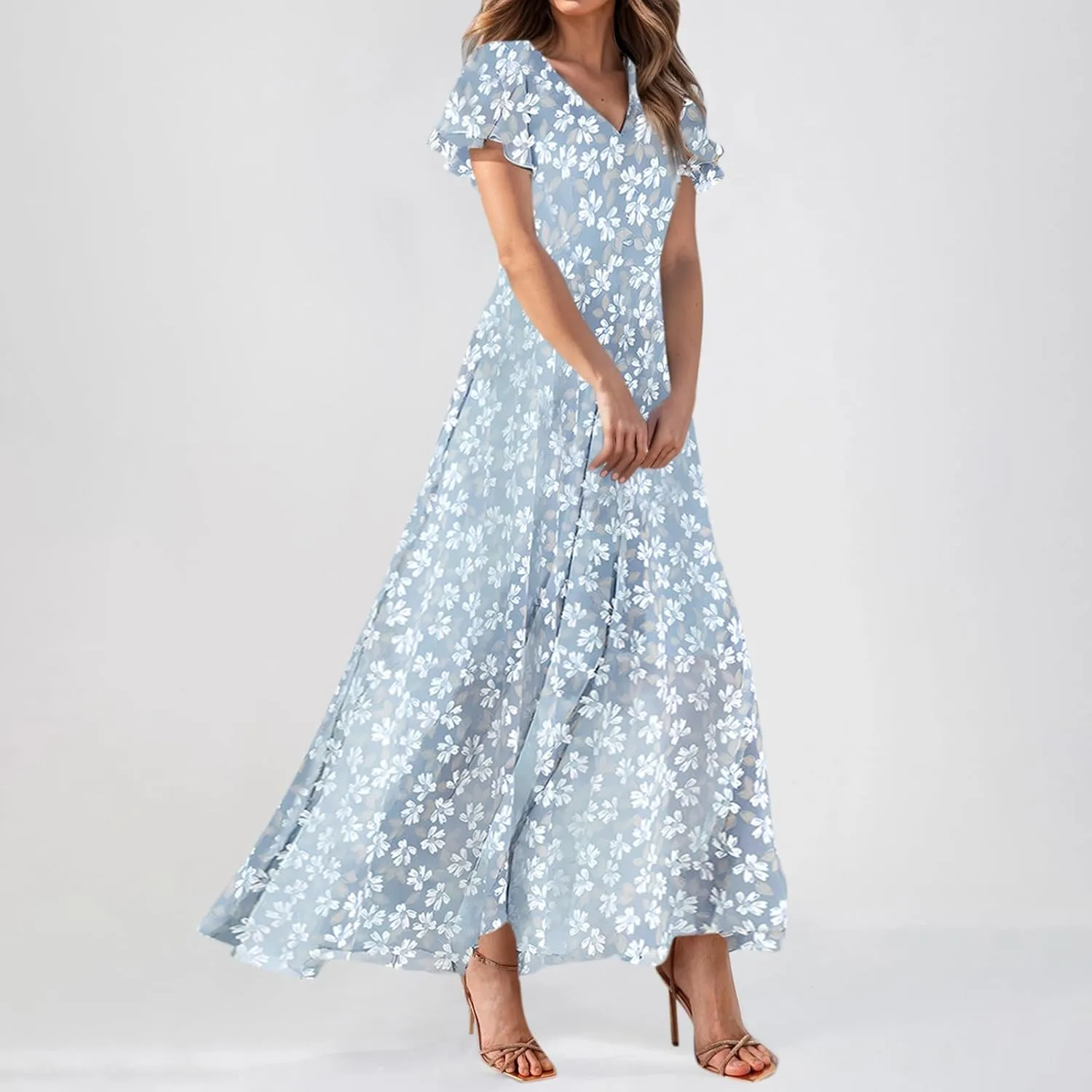 Chiffon Dresses for Women Flutter Sleeve Summer Boho Floral Maxi Dresses Gauze Flowy Garden Wedding Guest Long Dress