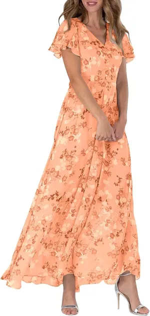 Chiffon Dresses for Women Flutter Sleeve Summer Boho Floral Maxi Dresses Gauze Flowy Garden Wedding Guest Long Dress