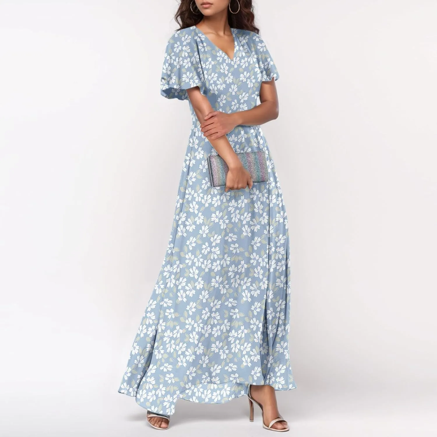 Chiffon Dresses for Women Flutter Sleeve Summer Boho Floral Maxi Dresses Gauze Flowy Garden Wedding Guest Long Dress