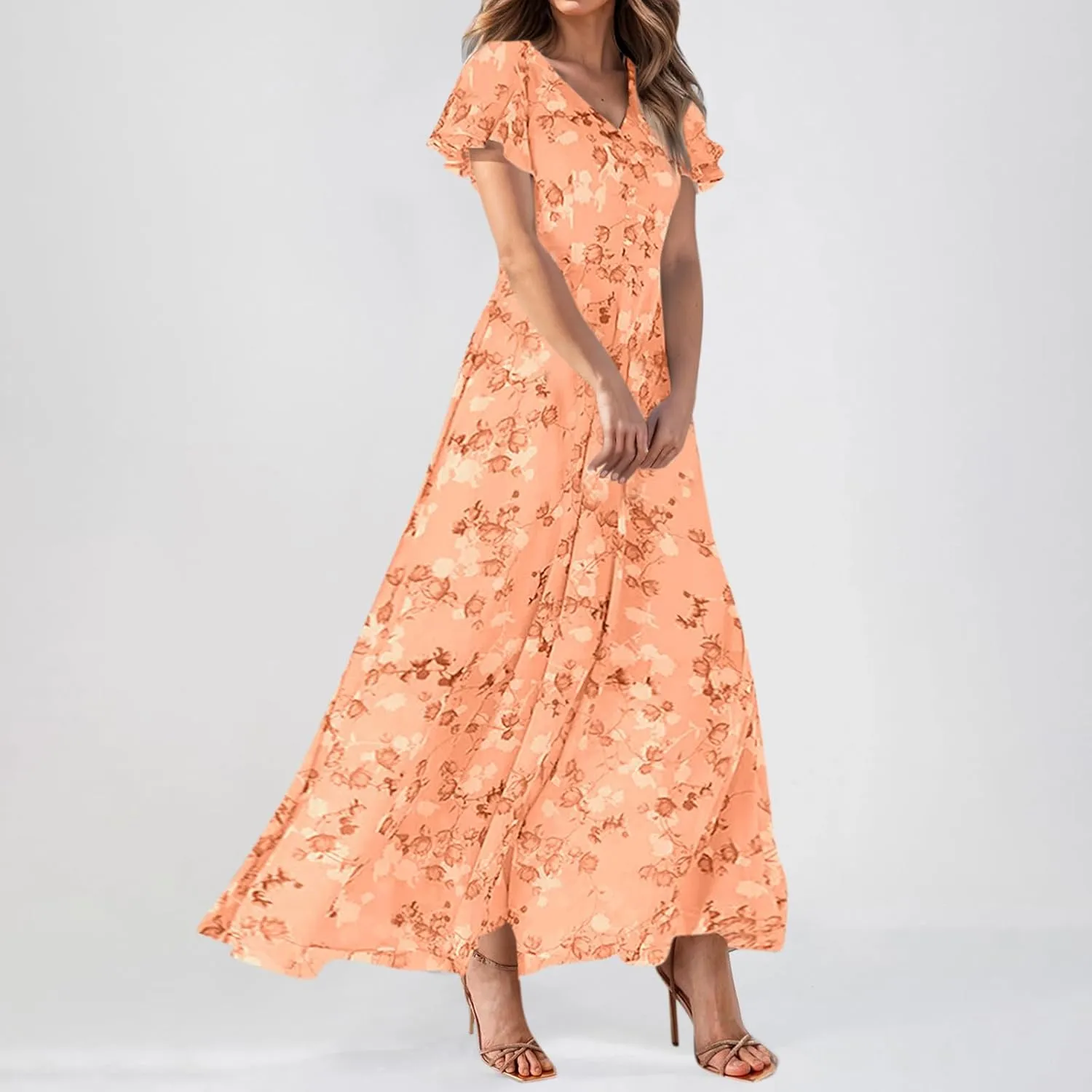 Chiffon Dresses for Women Flutter Sleeve Summer Boho Floral Maxi Dresses Gauze Flowy Garden Wedding Guest Long Dress