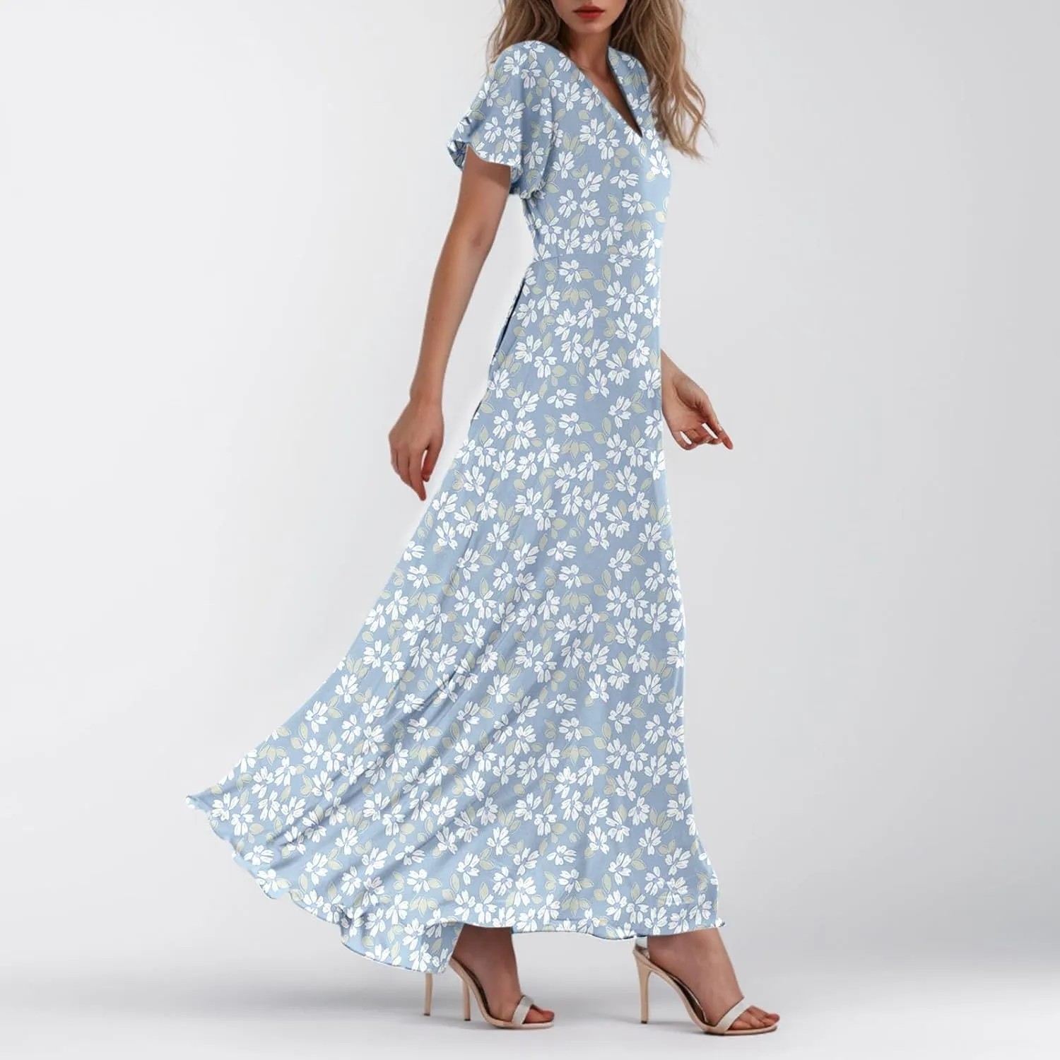 Chiffon Dresses for Women Flutter Sleeve Summer Boho Floral Maxi Dresses Gauze Flowy Garden Wedding Guest Long Dress