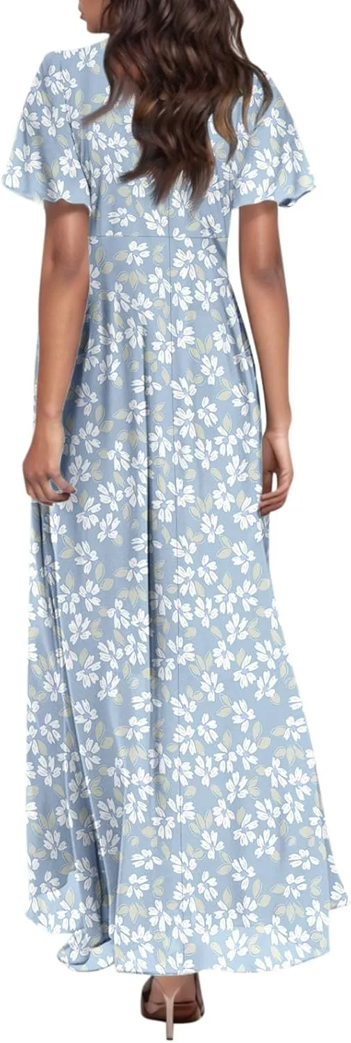 Chiffon Dresses for Women Flutter Sleeve Summer Boho Floral Maxi Dresses Gauze Flowy Garden Wedding Guest Long Dress