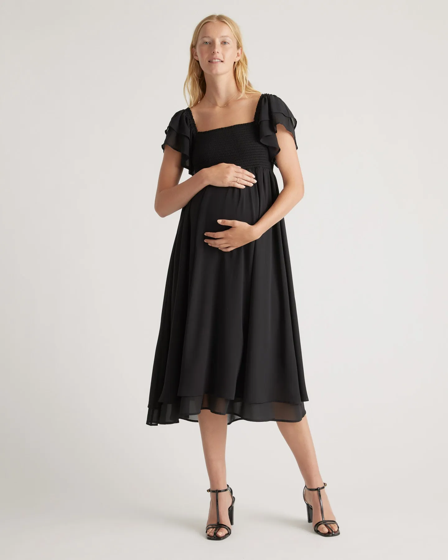 Chiffon Maternity Smocked Flutter Sleeve Dress