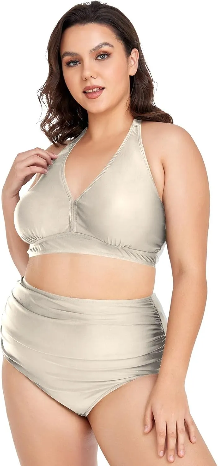 CHIFIGNO Plus Size Women's Bikini Swimsuit Two Piece High Waisted Swimsuits Ruched Swimwear