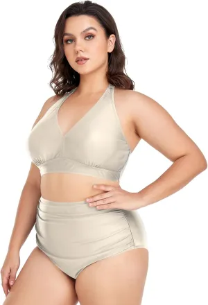 CHIFIGNO Plus Size Women's Bikini Swimsuit Two Piece High Waisted Swimsuits Ruched Swimwear