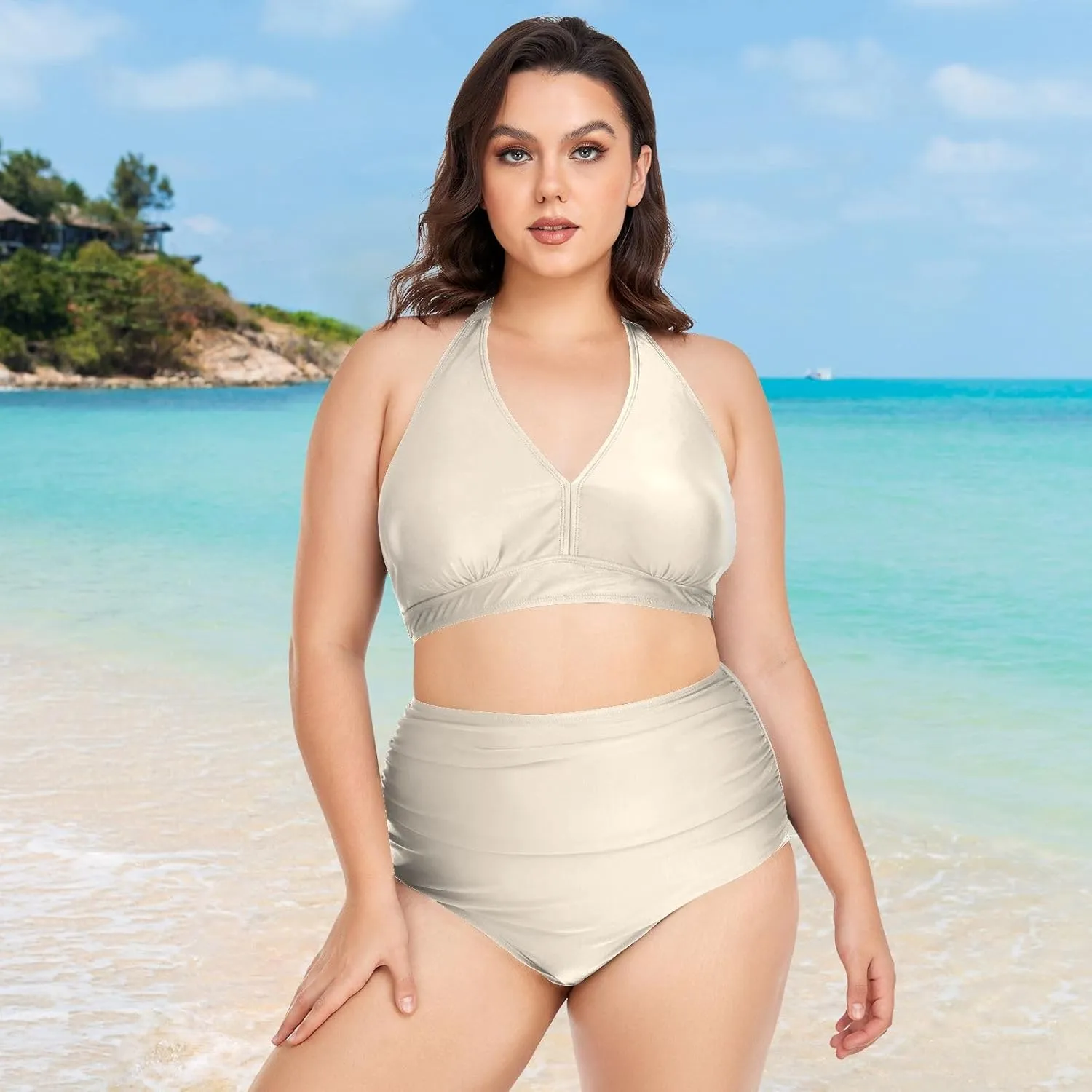 CHIFIGNO Plus Size Women's Bikini Swimsuit Two Piece High Waisted Swimsuits Ruched Swimwear