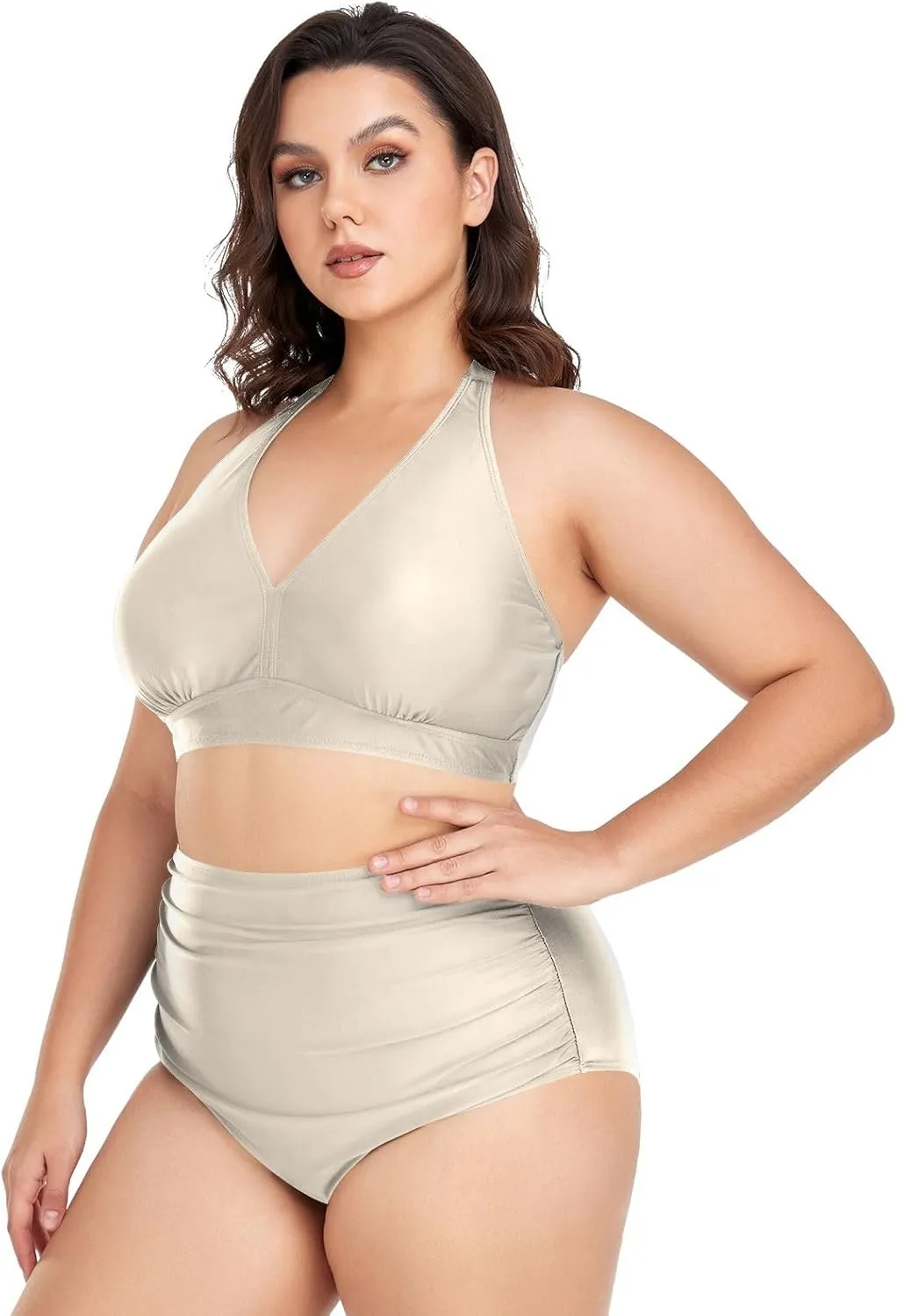 CHIFIGNO Plus Size Women's Bikini Swimsuit Two Piece High Waisted Swimsuits Ruched Swimwear