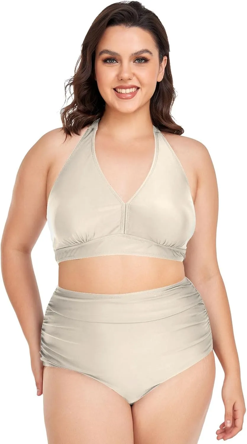 CHIFIGNO Plus Size Women's Bikini Swimsuit Two Piece High Waisted Swimsuits Ruched Swimwear
