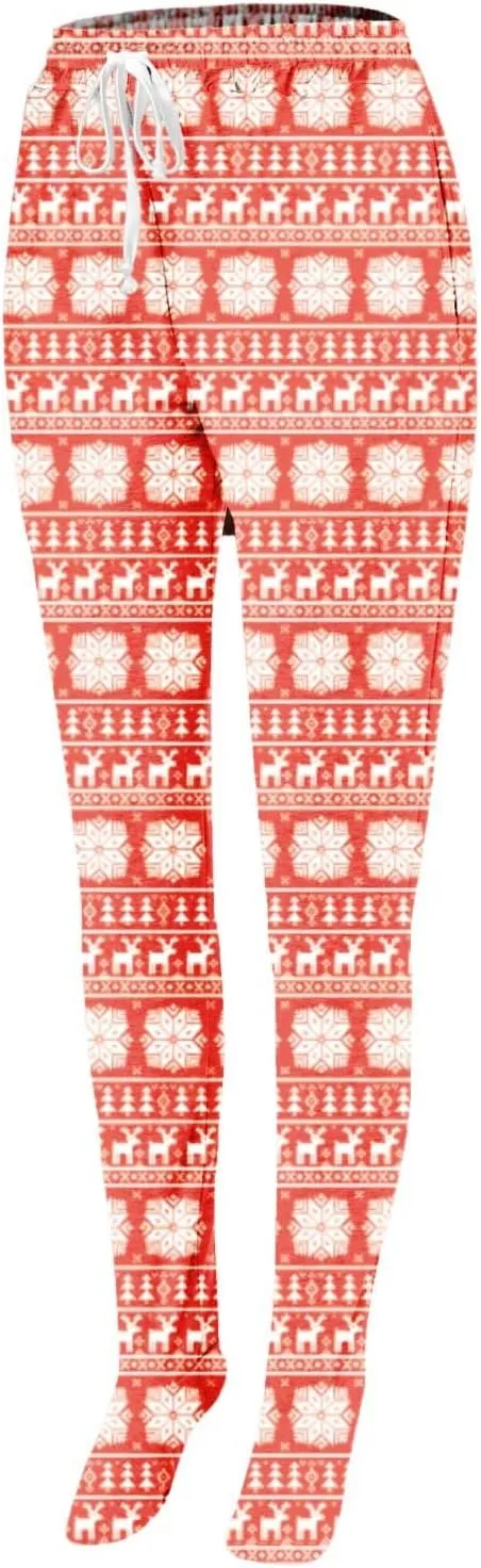 Christmas Footed Lounge Bottoms Thermal Fleece Lined Drawstring Snowflakes Prints Plaid Pajama Pants Sweatpants with Pockets