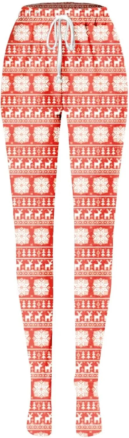Christmas Footed Lounge Bottoms Thermal Fleece Lined Drawstring Snowflakes Prints Plaid Pajama Pants Sweatpants with Pockets