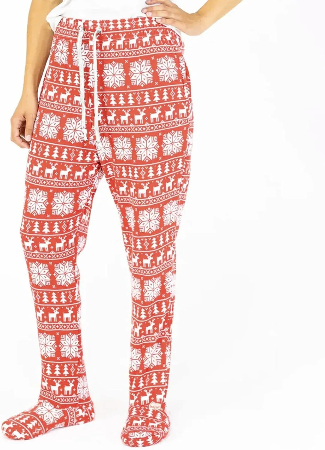 Christmas Footed Lounge Bottoms Thermal Fleece Lined Drawstring Snowflakes Prints Plaid Pajama Pants Sweatpants with Pockets