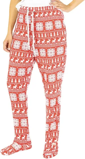 Christmas Footed Lounge Bottoms Thermal Fleece Lined Drawstring Snowflakes Prints Plaid Pajama Pants Sweatpants with Pockets