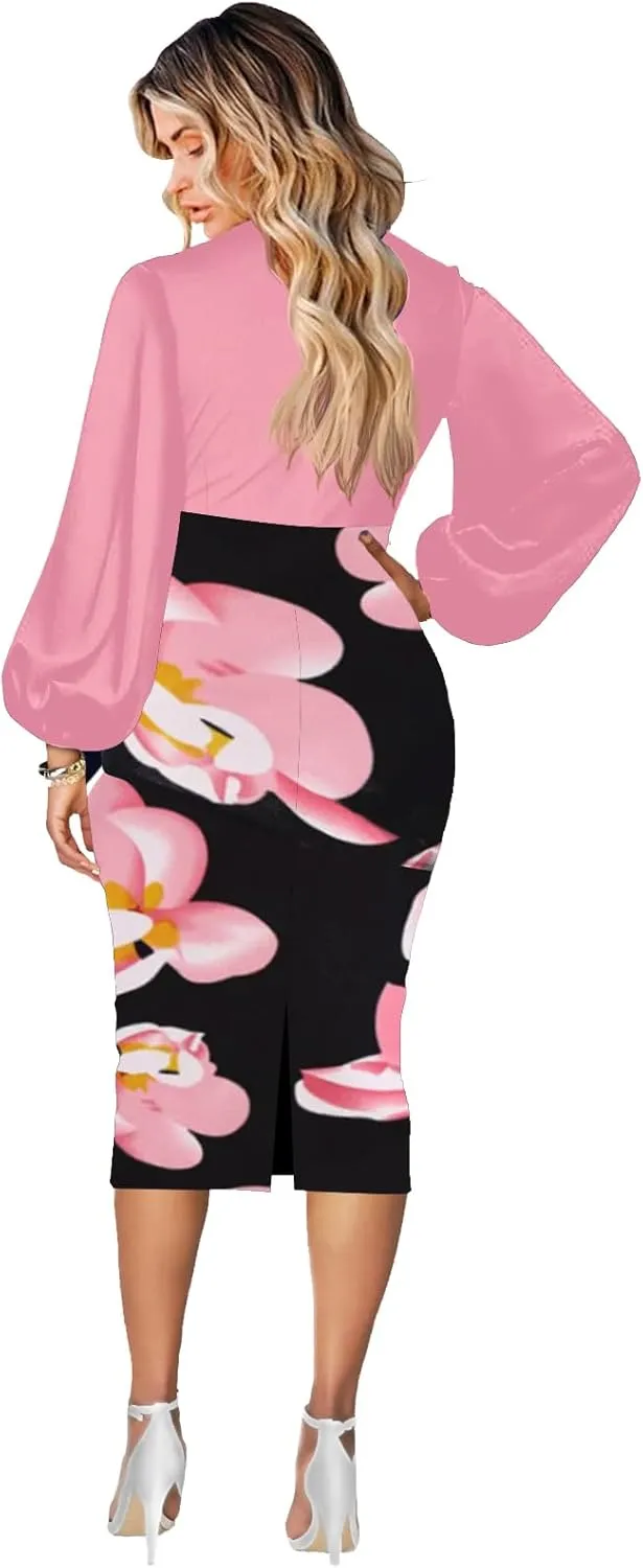 Church Dress for Women Lantern Sleeve Bowknot Tie Neck Work Bodycon Pencil Sheath Dresses