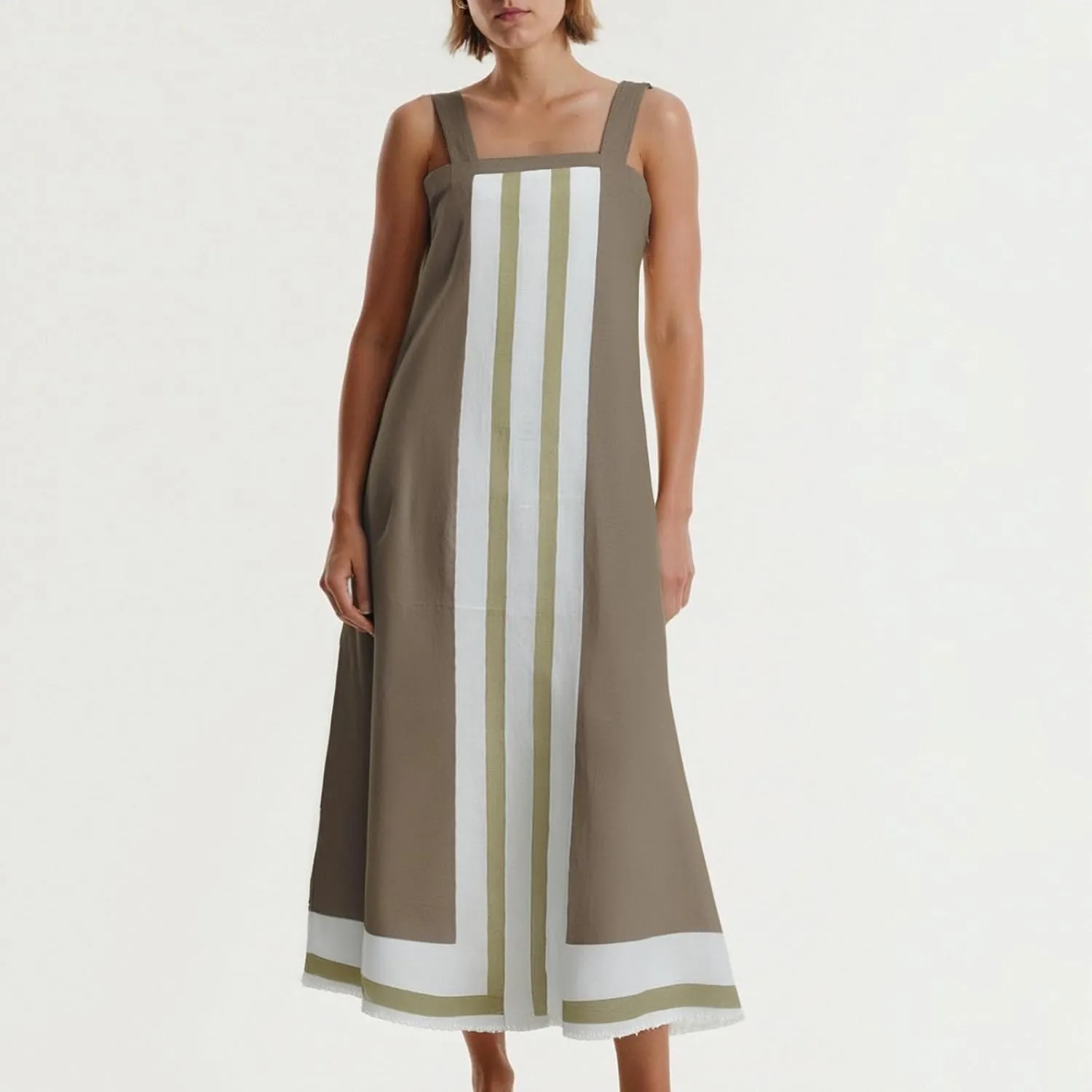 Color Block Dress for Women Beach Vacation Linen Summer Maxi Dresses Bohemian Square Neck Long Sundress Overall Dress